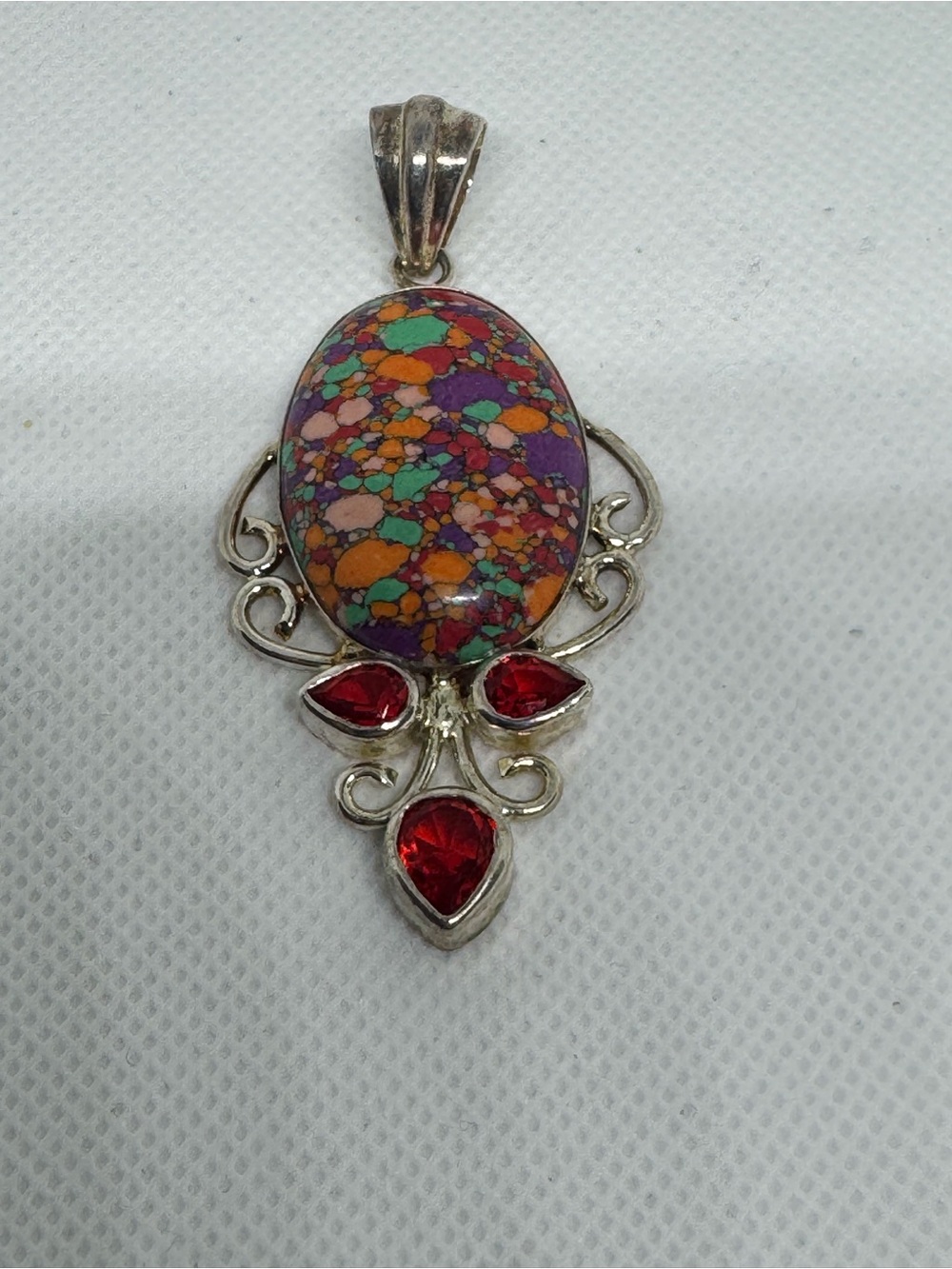 Large 925 Sterling Silver Rainbow Calsilica Red Stone Ornate Pendant